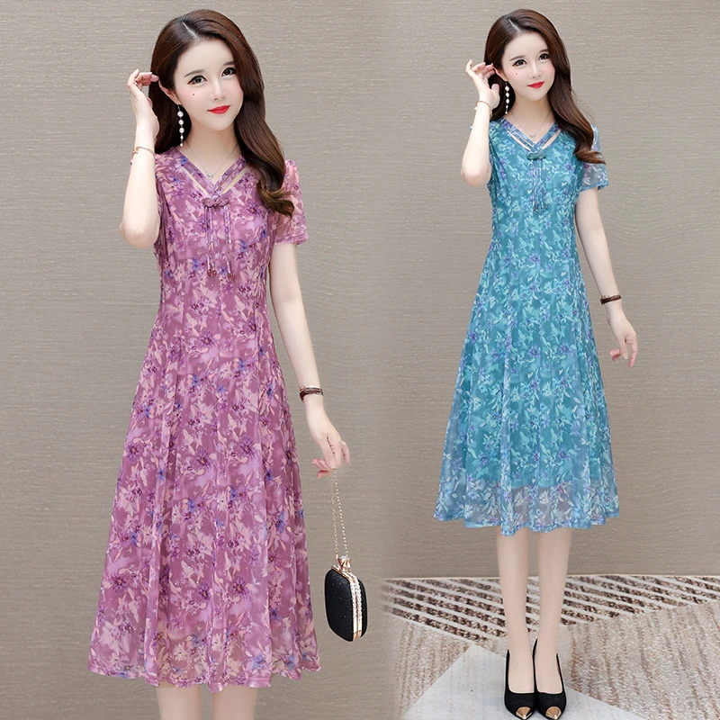 雅韵妈妈连衣裙2025年新款夏装女今年气质40岁50中年蓝色短袖真丝