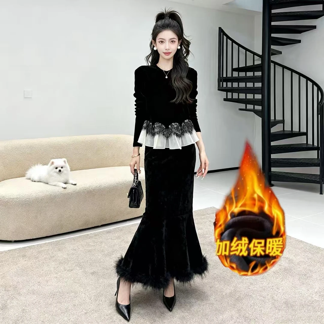 新款百搭高端法式名媛蕾丝荷叶边丝绒T恤+鱼尾裙689#