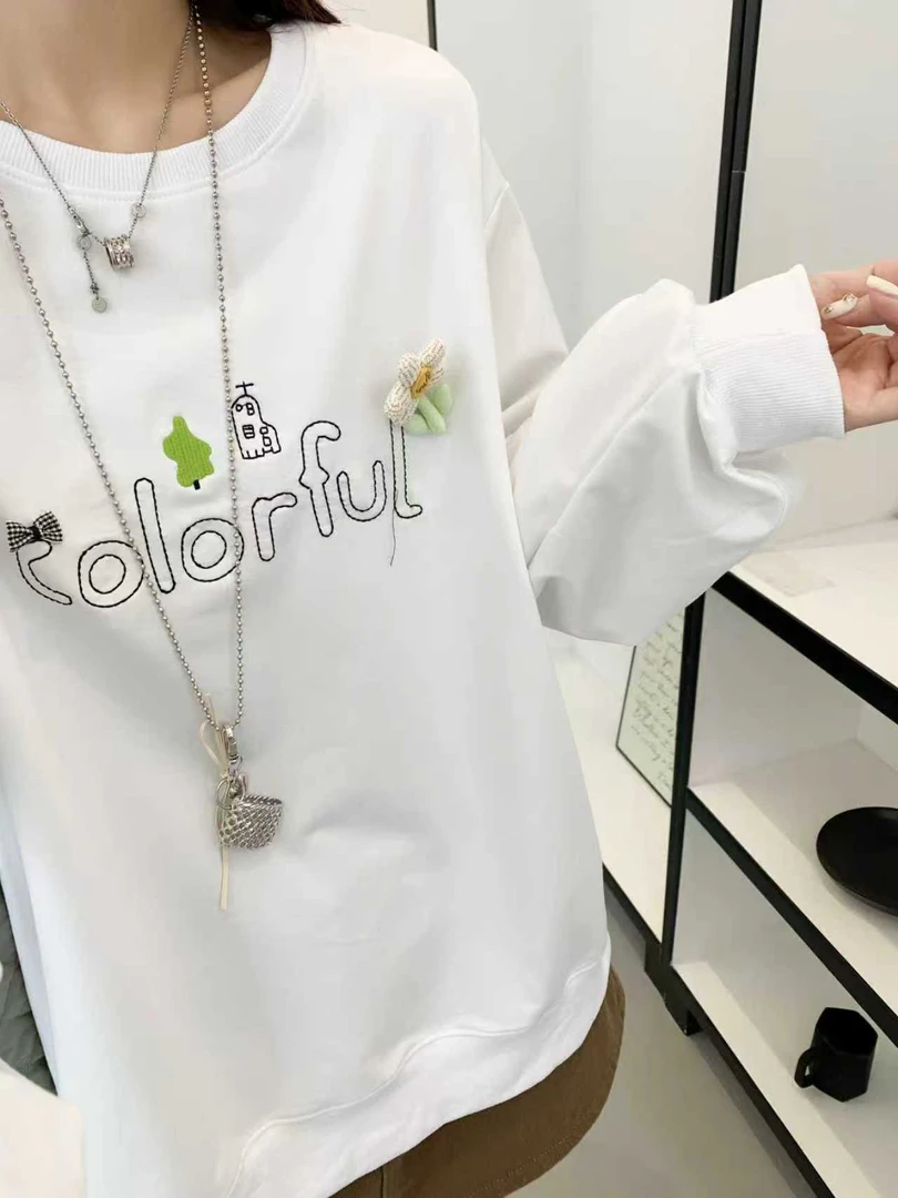 （360）常规款女小花花元素长袖中长款T恤印花吸汗宽松型