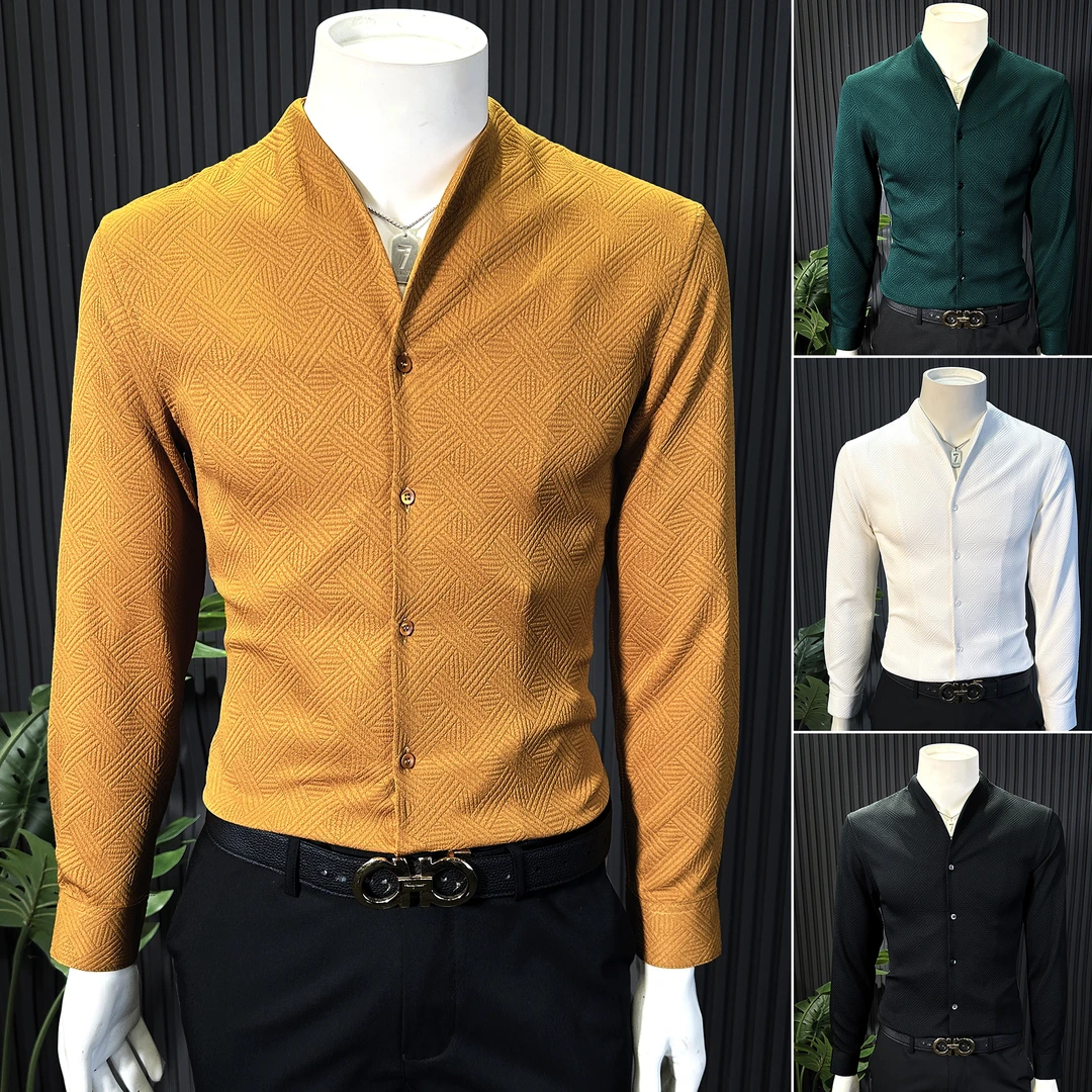 格纹编织V领长袖衬衫男款秋季高级感痞帅时尚男装中国风男士衬衣