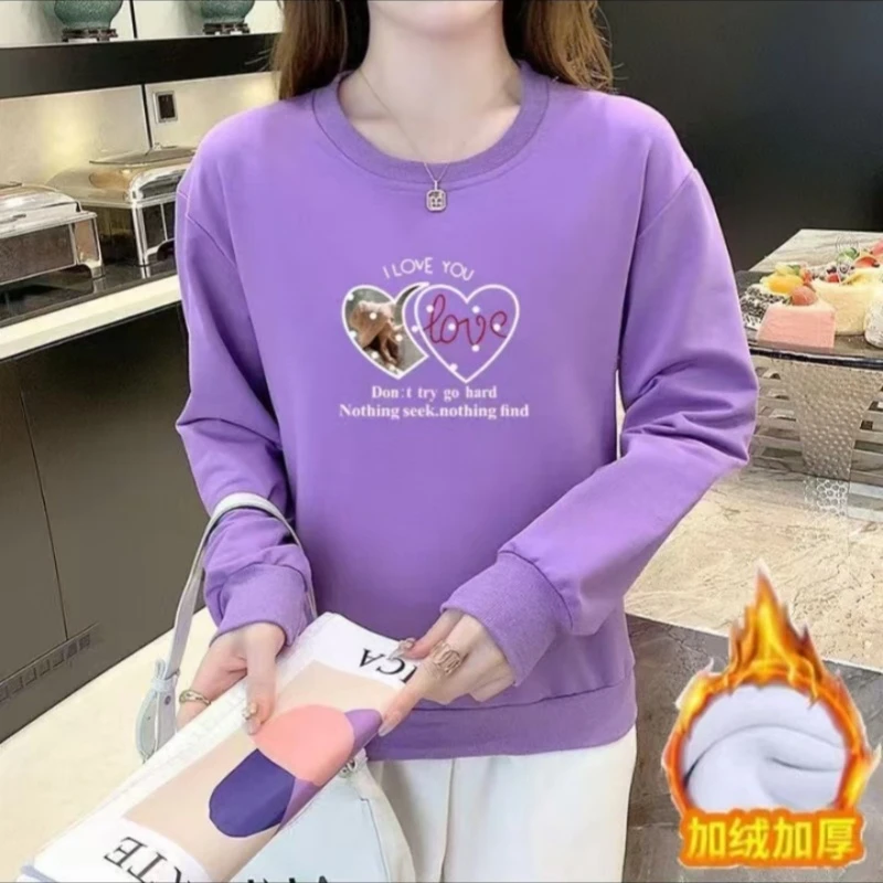女款华棉加绒加厚华棉韩版圆领卫衣【心心相印】加绒卫衣长袖印花