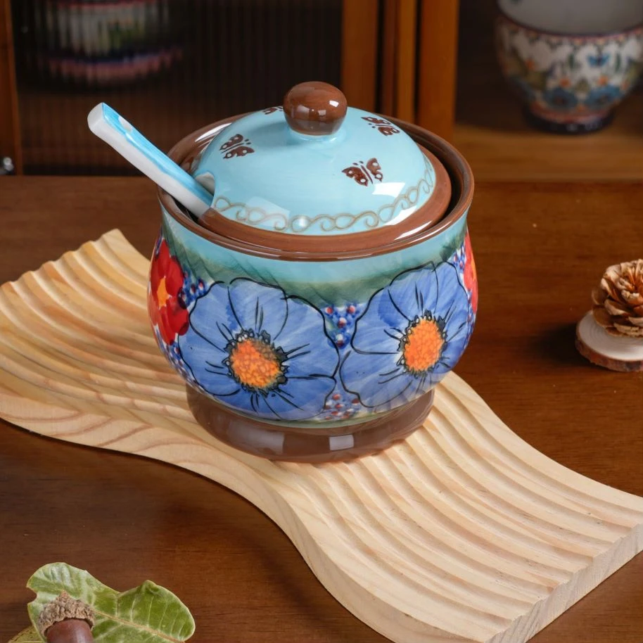 【蝶恋花 蓝】秋冬家居家用手绘欧式600ML 1个带盖调料罐