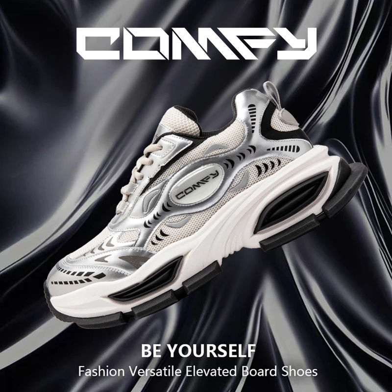 Comfy【天使之眼】10cm内增高鞋秋季情侣网面透气皮面老爹厚底鞋