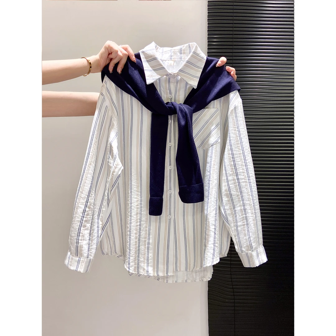 早秋季2025新款高级感撞色宽松开衫条纹长袖衬衫披肩两件套上衣女