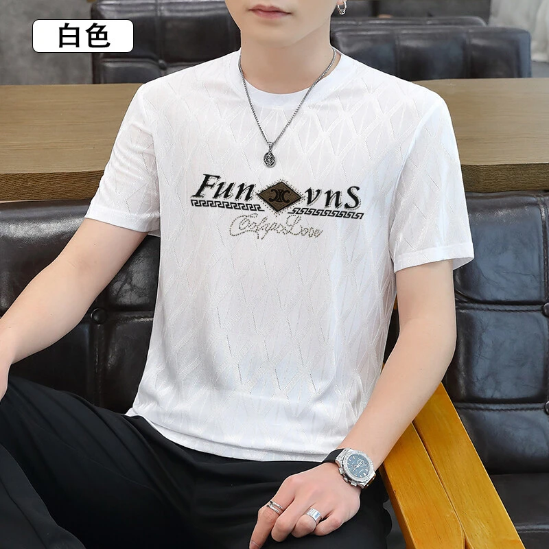 森铂夏季新款男士轻薄透气短袖欧货烫钻高品质时尚休闲男T恤75566