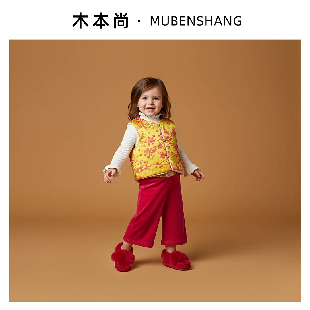 木本尚【奥粒绒】25年款女童秋冬新款时尚精致提花国风宝宝过年马甲