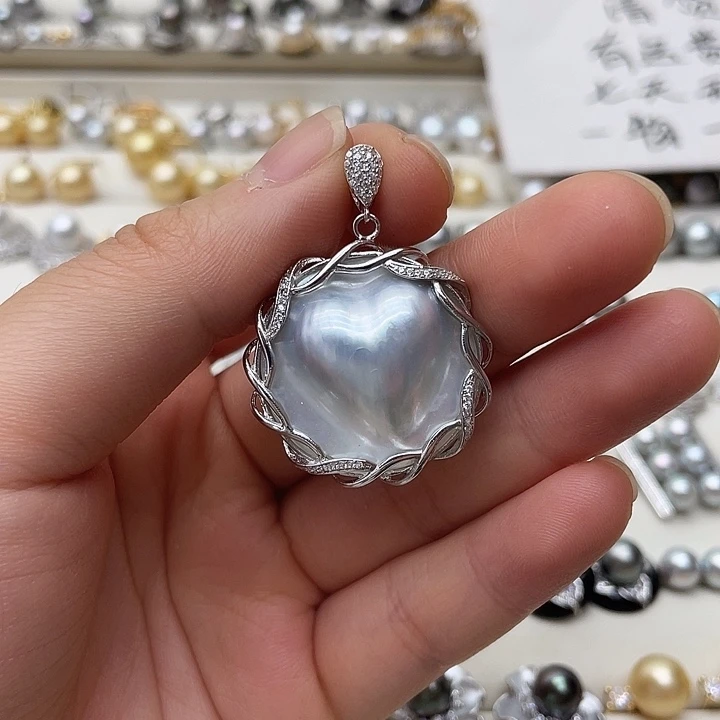 银S925镶嵌拼合珍珠（马贝珠）吊坠(不含链)