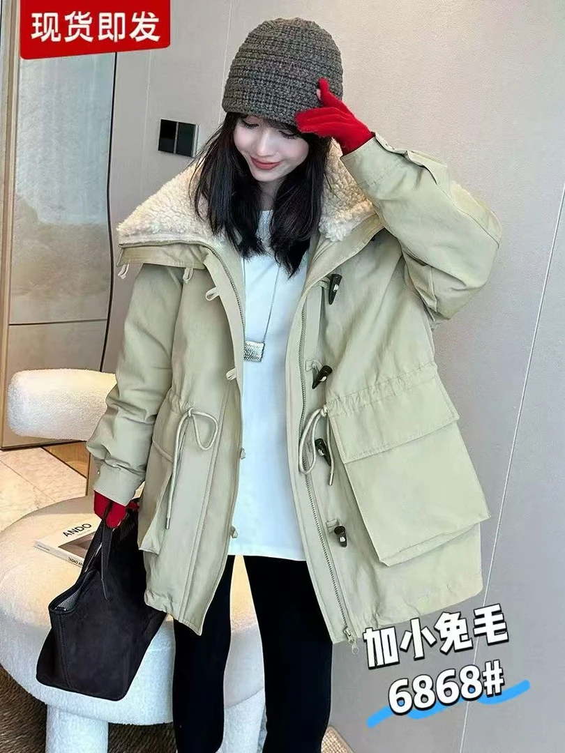 臻选牛角扣仿羊羔毛大翻领冬季棉服2025年新款派克工装短款外套