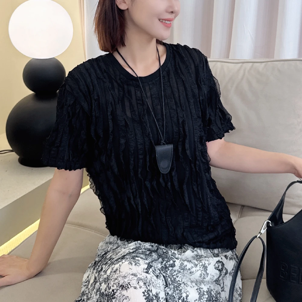 肌理感女士夏季薄款宽松圆领短袖T恤不规则减龄褶皱感百搭上衣潮