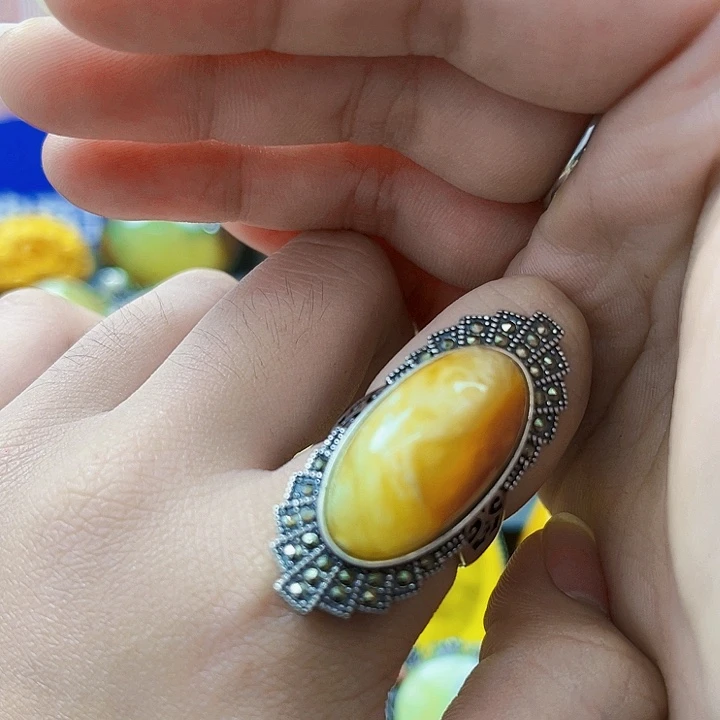 蜜蜡银S925镶嵌裸石戒指