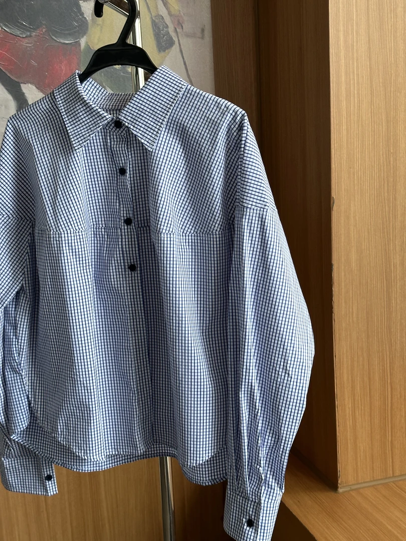 0008蓝色格子休闲ins提花百搭长袖上衣