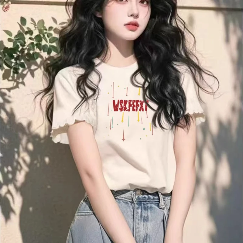 白色印花小个子拼接木耳边短袖t恤女宽松打底短款套头甜美短上衣