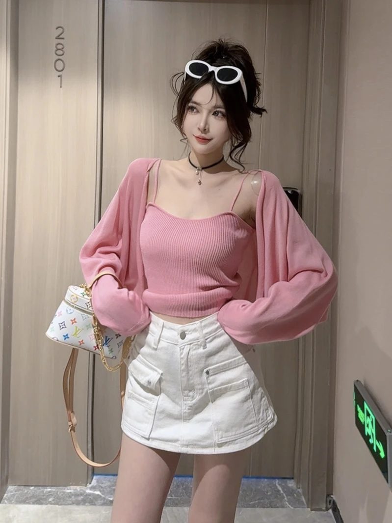 【CCDZ】夏季新款韩系慵懒风百搭辣妹针织两件套上衣女