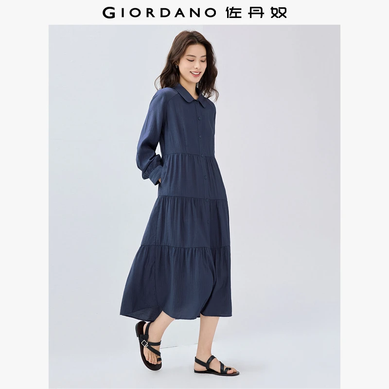 佐丹奴裙子女装娃娃领插肩梭织长袖蛋糕连衣裙 05465076