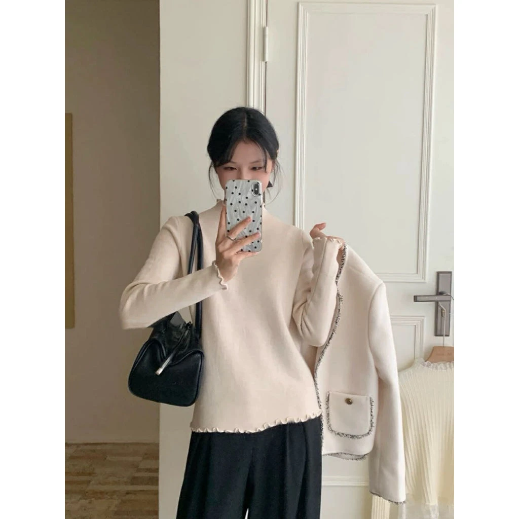 【一体绒】秋冬百搭软糯木耳边套头半高领长袖内搭纯色C2002#0.1