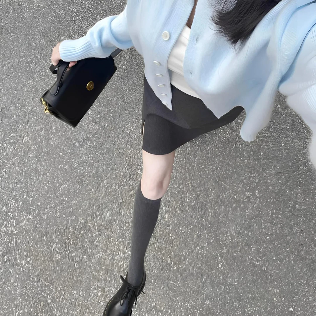 春秋高级感灰色小腿袜女基础款百搭长高筒纯棉jk显瘦及膝堆堆袜