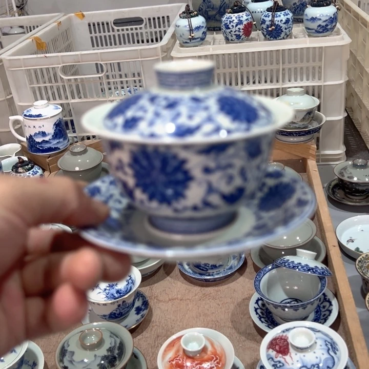 瓷片白青花缠枝莲元宝盖碗全品