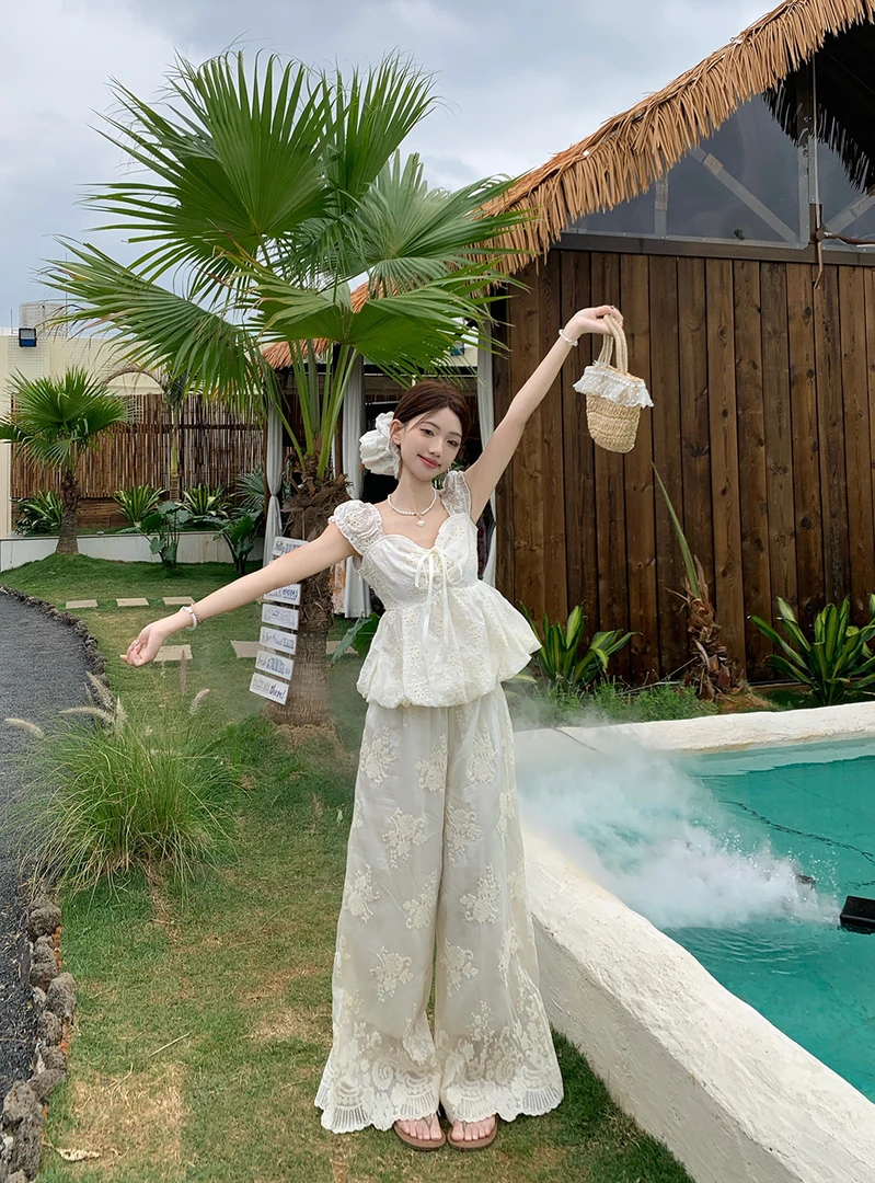 法式系带显瘦花苞蕾丝衫高腰阔腿休闲长裤2025夏季新款时尚套装女