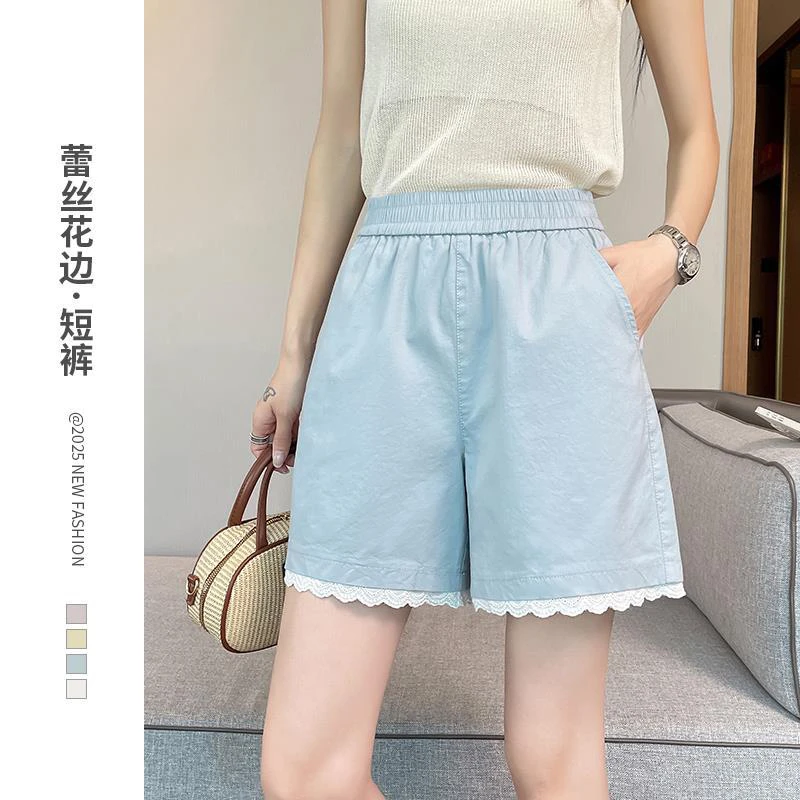 百搭蕾丝花边松紧腰休闲白色时尚短裤女宽松五分热裤薄款夏季