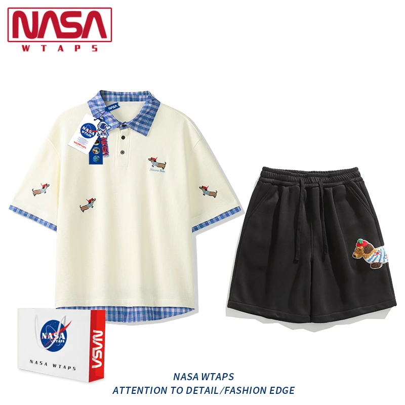 NASA WTAPS刺绣假两件Polo衫套装男夏季冰丝休闲短袖短裤两件套潮