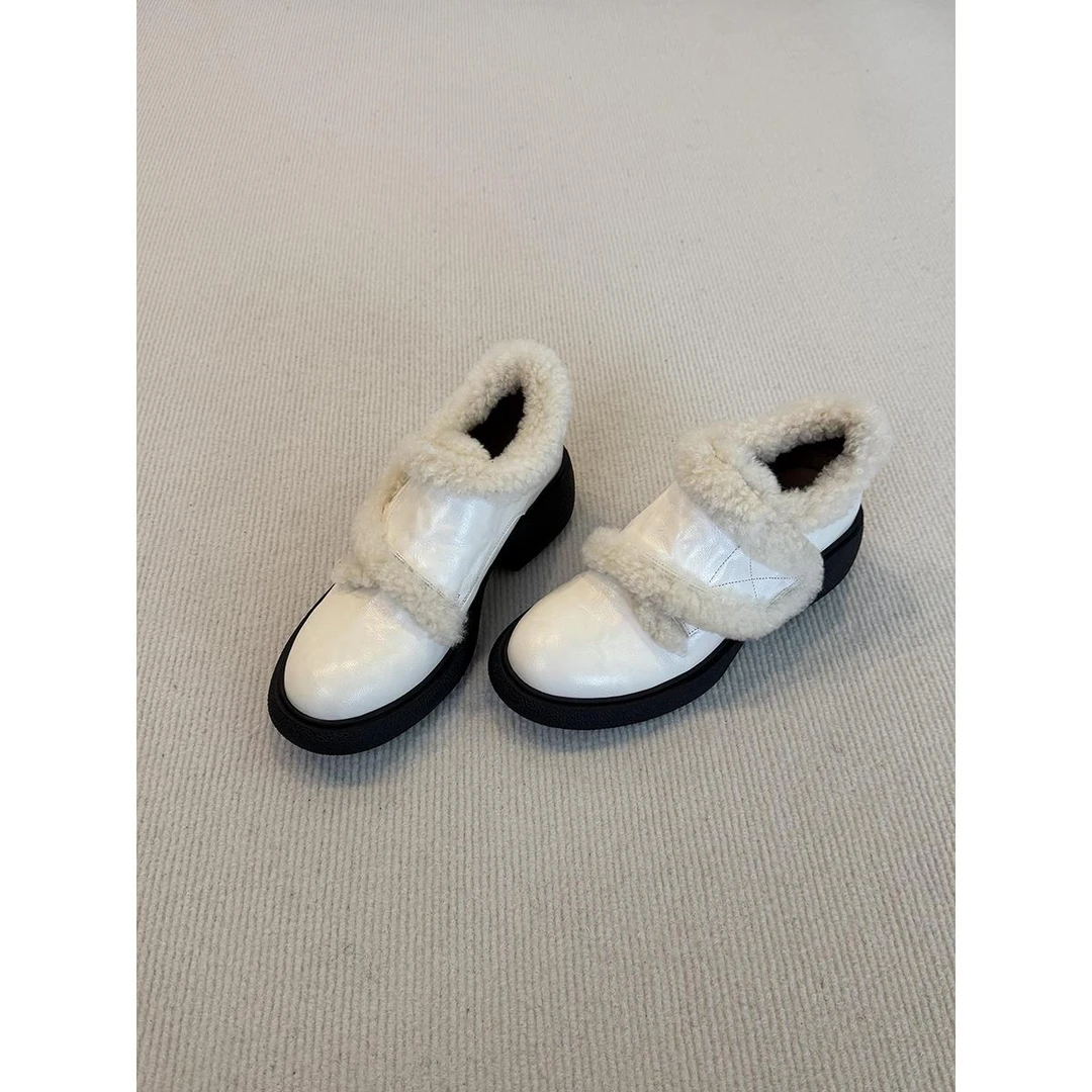 牛皮版~英伦风乐福鞋一脚蹬女鞋冬季加绒圆头魔术贴设计女小皮鞋