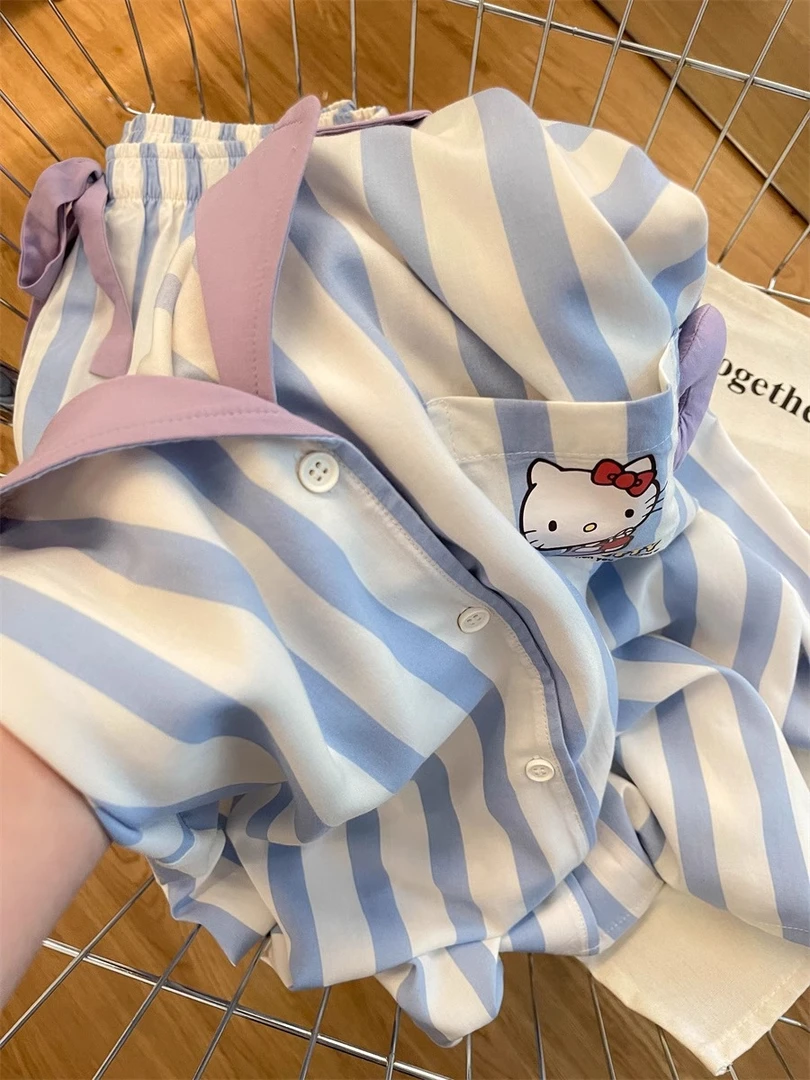 蓝色条纹长袖睡衣女款秋季少女可爱卡通凯蒂猫印花家居服套装外穿