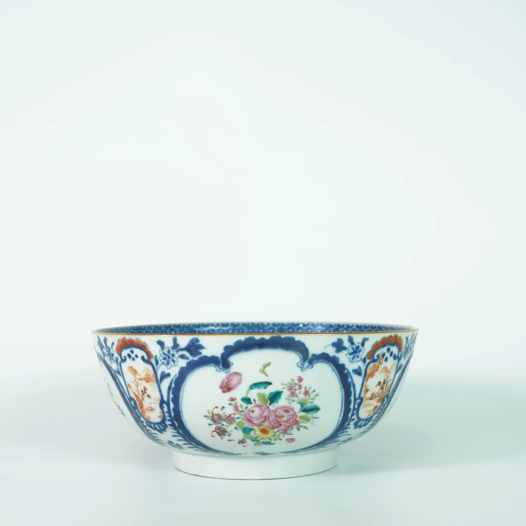 LYCHCB260103020【十竹斋】清乾隆山水花卉纹青花加彩海碗