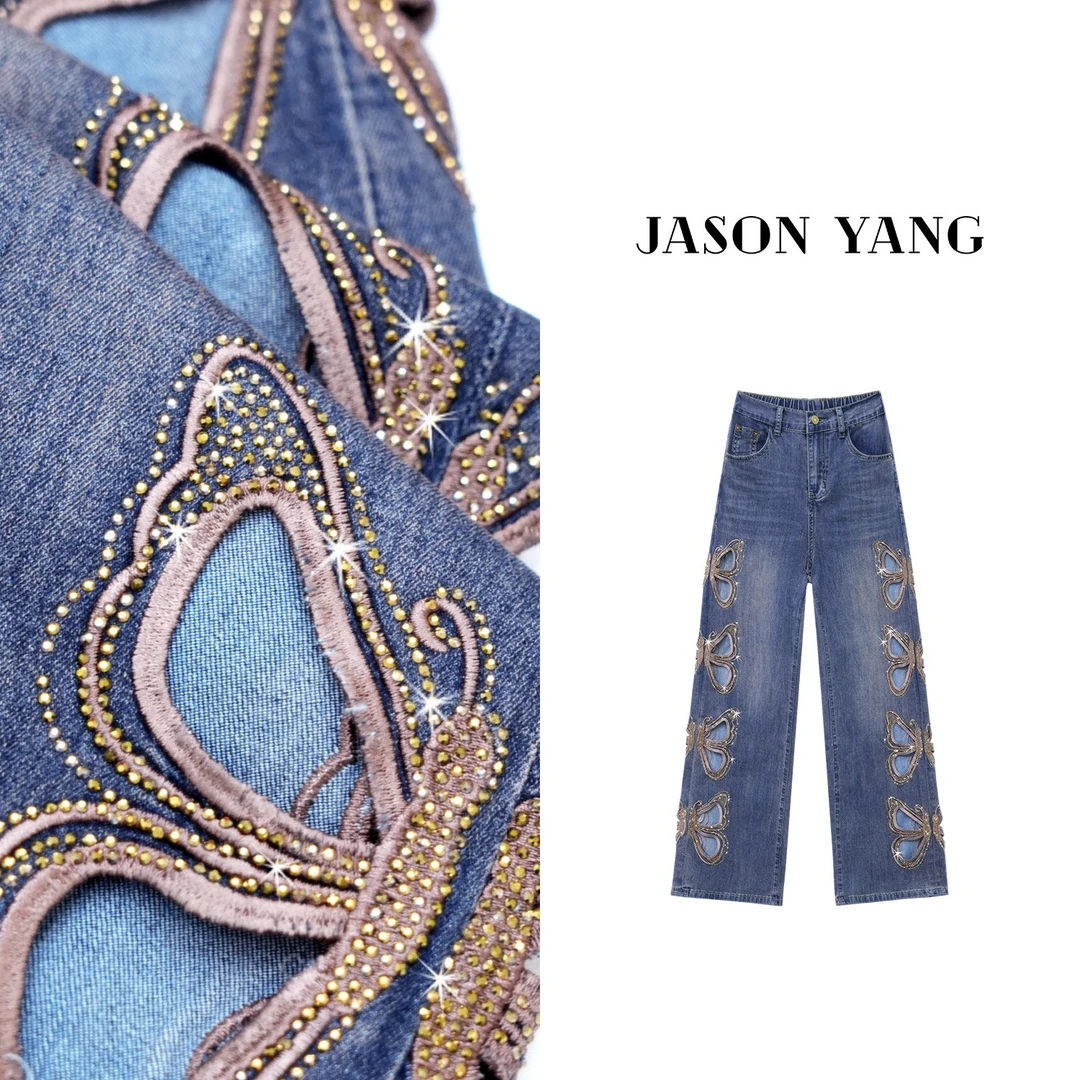 现货丽丽家  新款蝶翼星辰镂空烫钻牛仔裤989