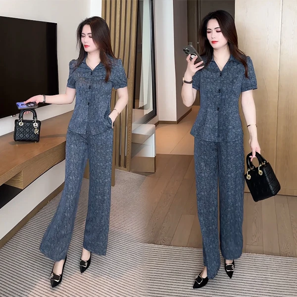 2025新款夏季新款时尚休闲穿搭洋气气质收腰修身显瘦减龄套装50