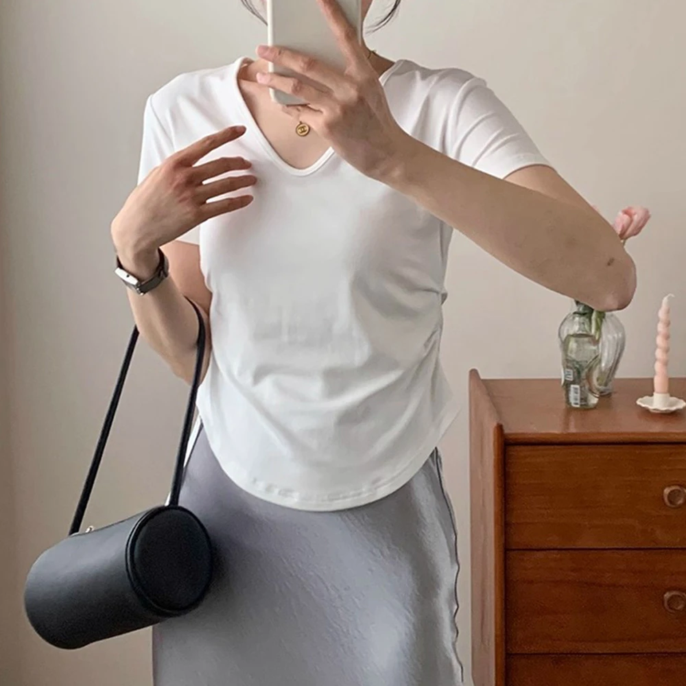 收腰显瘦捏褶正肩上衣夏季薄款胖MM大码女装简约时尚V领短袖T恤女