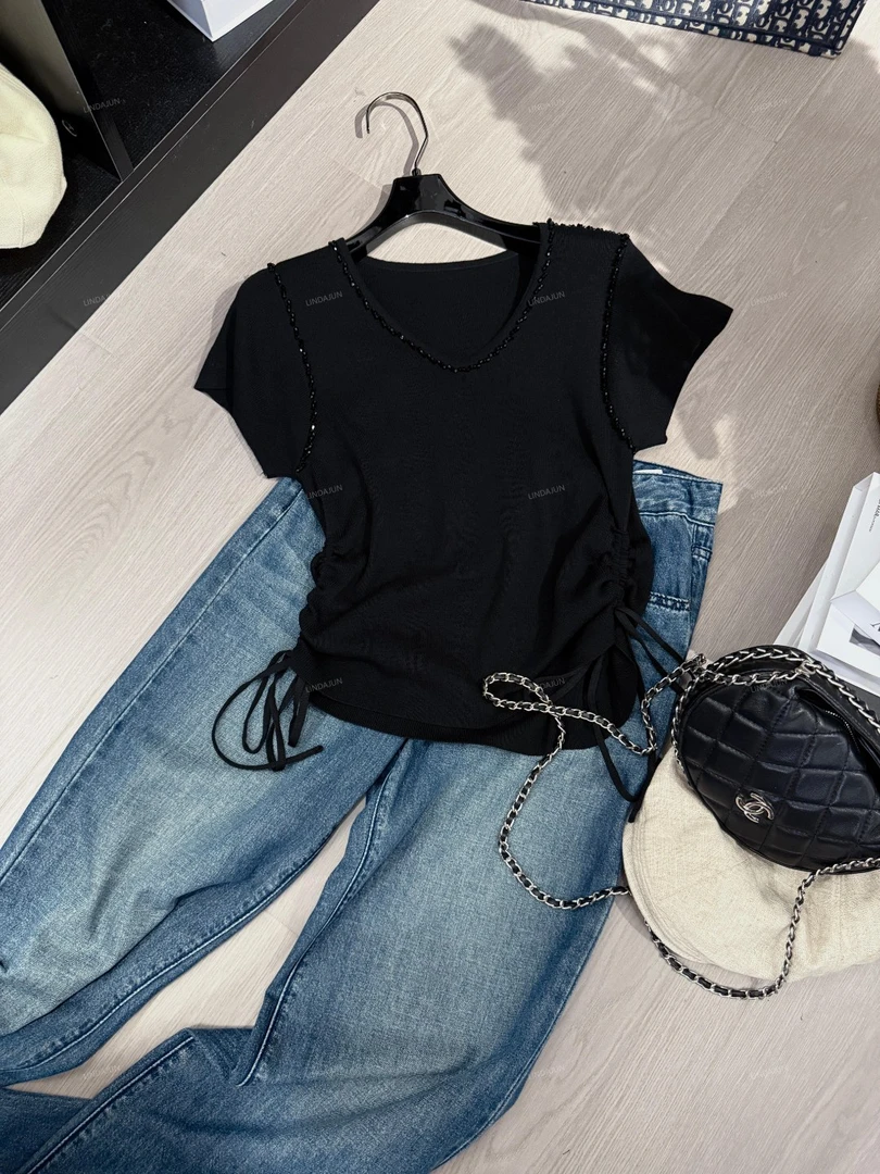 大君君 新款夏季慵懒风设计感透气简约百搭抽绳短袖针织衫 SY074