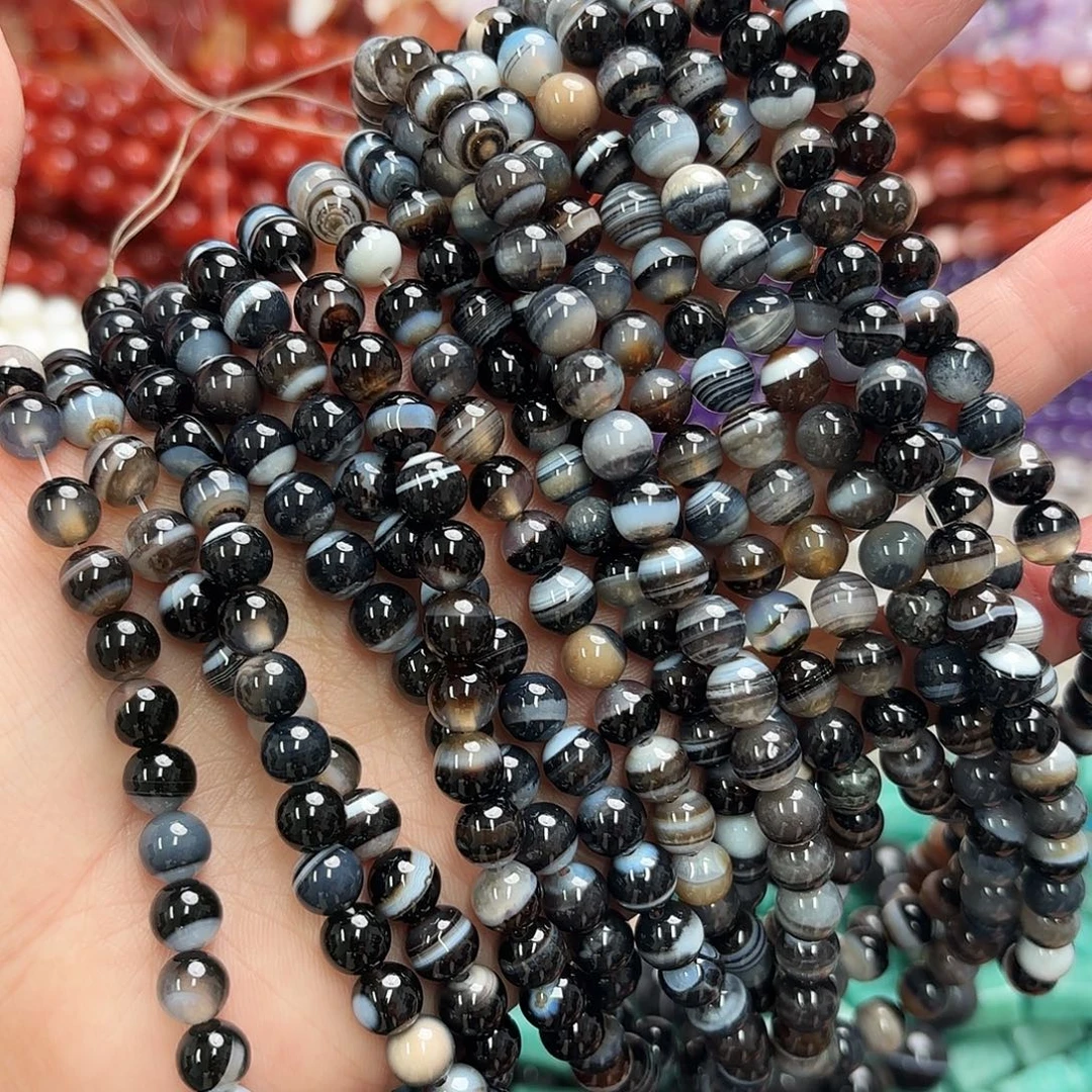 玛瑙/玉髓未镶嵌珠宝半成品卡7黑条纹玛圆珠一条第二批