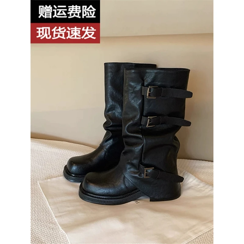 真皮版~时髦扣带堆堆靴子女新款辣妹骑士靴长筒裤管靴厚底长靴女