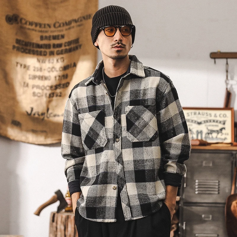 美式复古580g重磅色织格子衬衫外套男春秋高端新款潮流休闲衬衣男