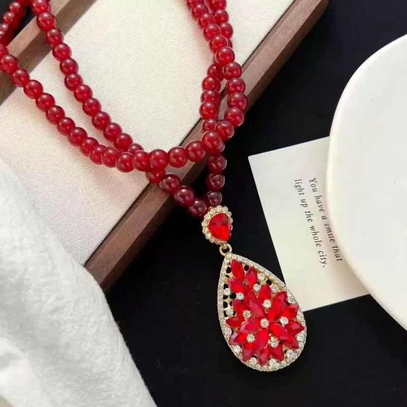 铜合金合成立方氧化锆项链 高端红色水滴毛衣配饰m006