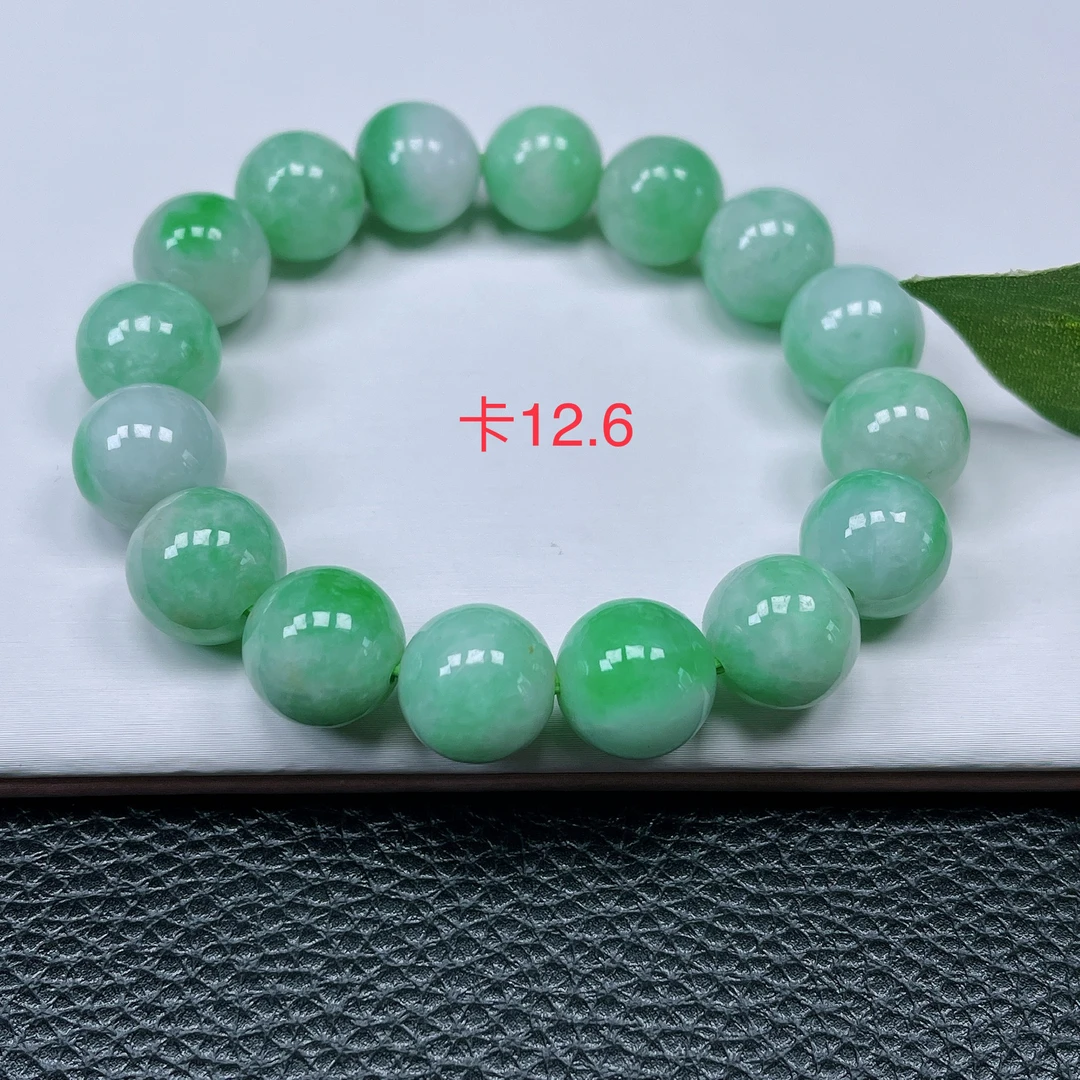 缅甸天然翡翠A货～冰糯种飘阳绿手珠链圆绿珠手串辣绿卡12.6X