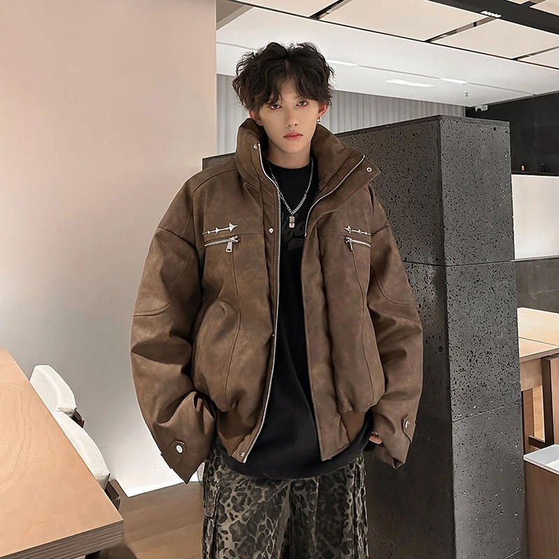 男生冬季外套加厚美式复古立领皮衣夹克棉服短款痞帅咖色工装棉袄