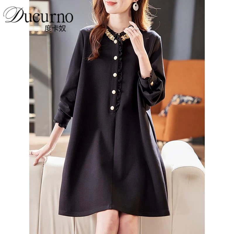 钉钻拼接长袖连衣裙女2025年秋季新款洋气显瘦宽松大码休闲直筒裙