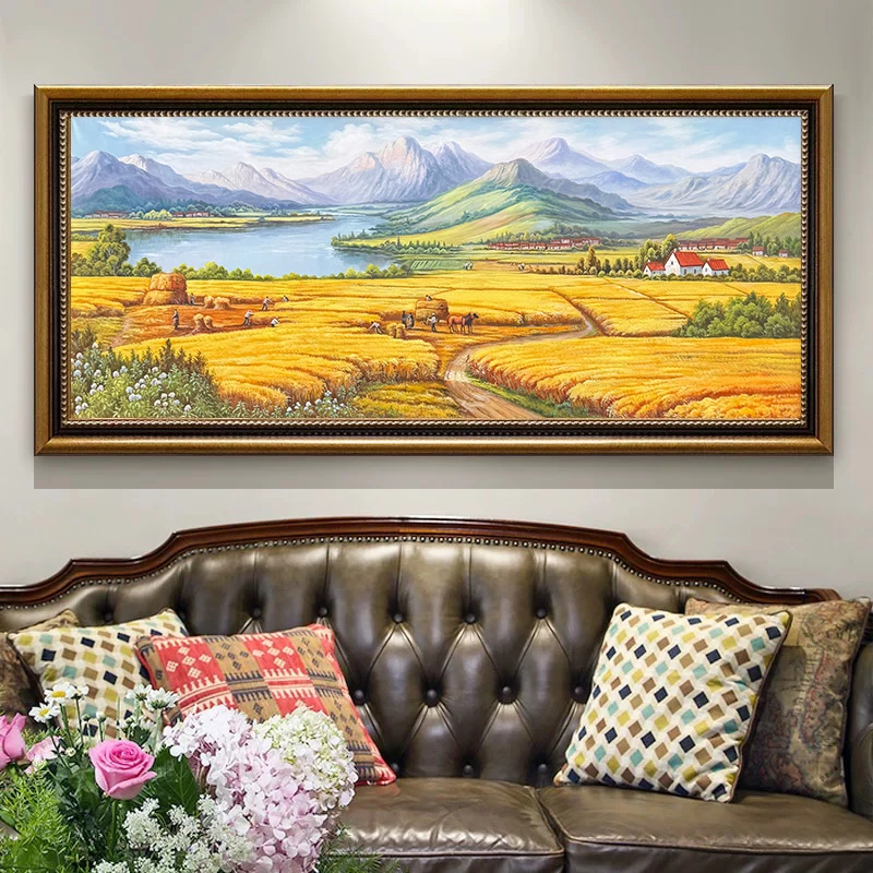 原创纯手绘油画丰收稻田麦田山水风景客厅餐厅挂画聚宝盆金山
