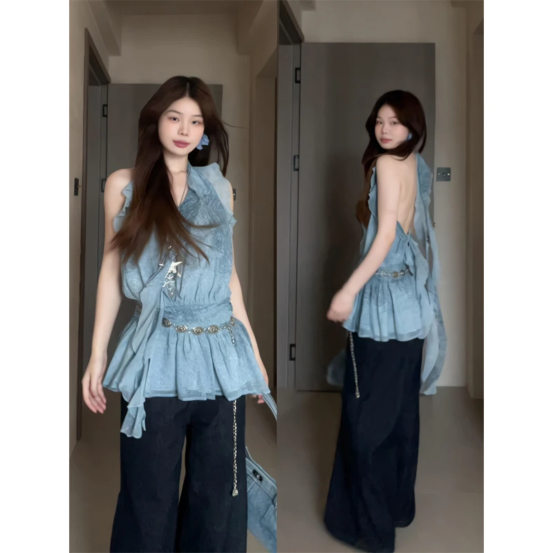 夏装设计感v领系带上衣无袖荷叶边辣妹直筒宽松休闲垂感阔腿裤女