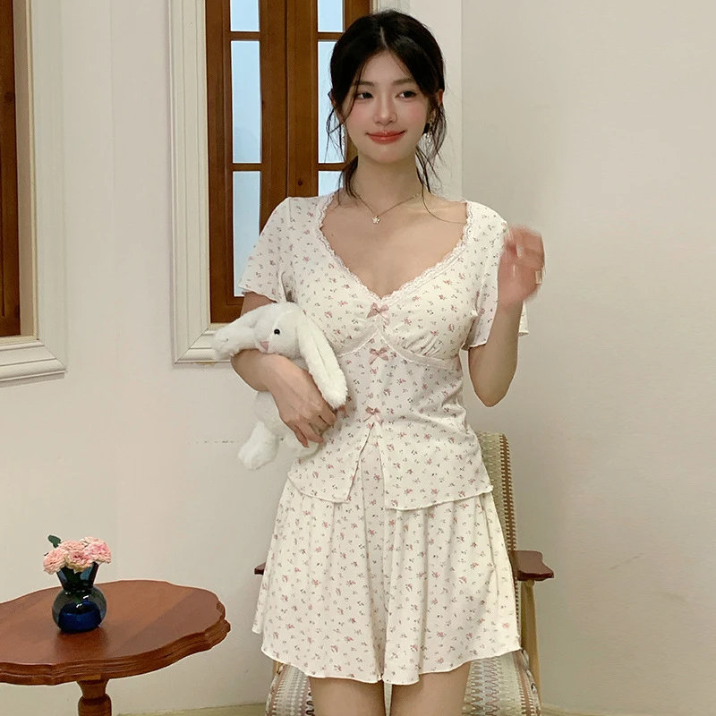 【安琪短套装】法式睡衣女士夏季碎花甜美可爱套装可外穿家居服