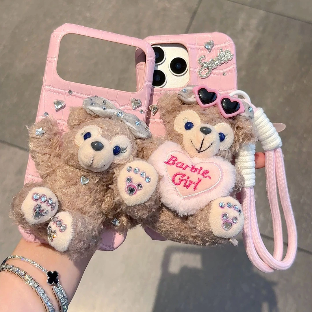 可爱毛绒公仔适用于苹果iPhone17promax手机壳16雪莉玫15粉皮纹