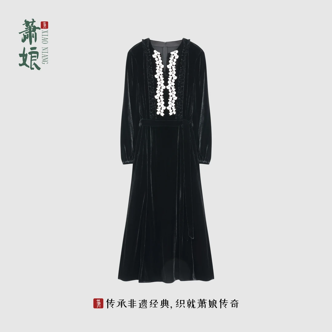 萧娘【玉兰】真丝丝绒中国风秋冬宽松连衣裙新中式女长裙5813