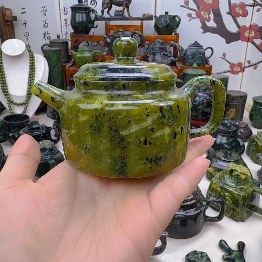 同***动未镶嵌蛇纹石玉藏玉药王石精美茶壶