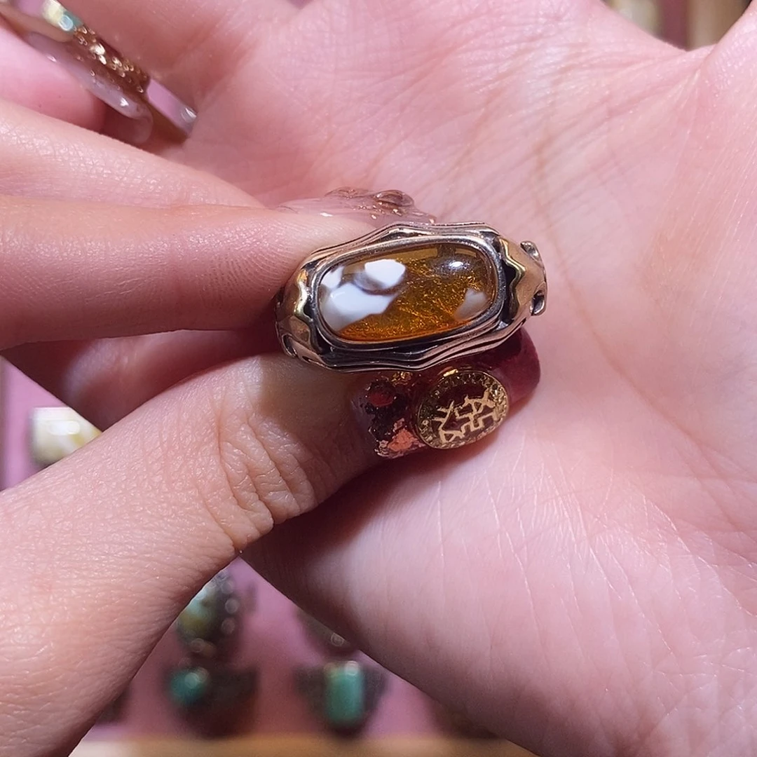 琥珀戒指银S925镶嵌天**晓戒指