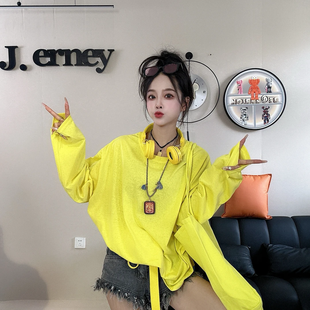 韩版2025秋季新款时尚纯色t恤减龄休闲风慵懒风长袖百搭圆领宽松