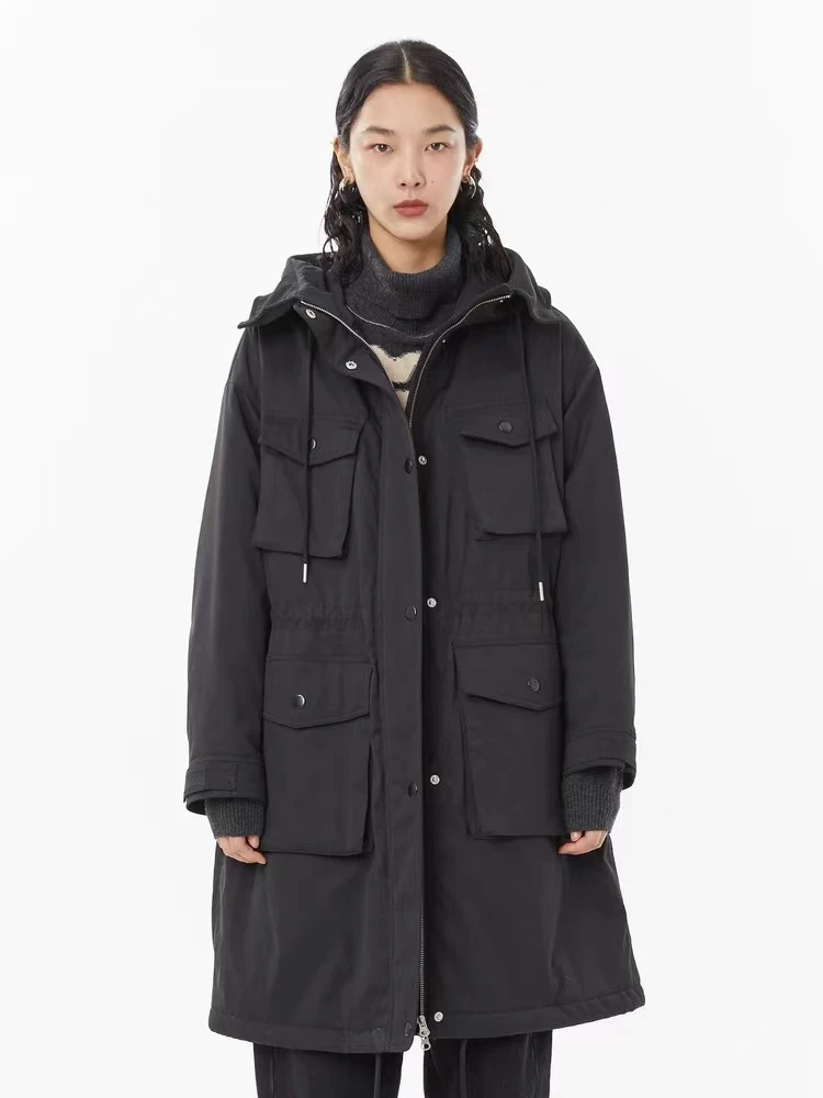 2246 冬季新款连帽多口袋设计师长款棉服外套女
