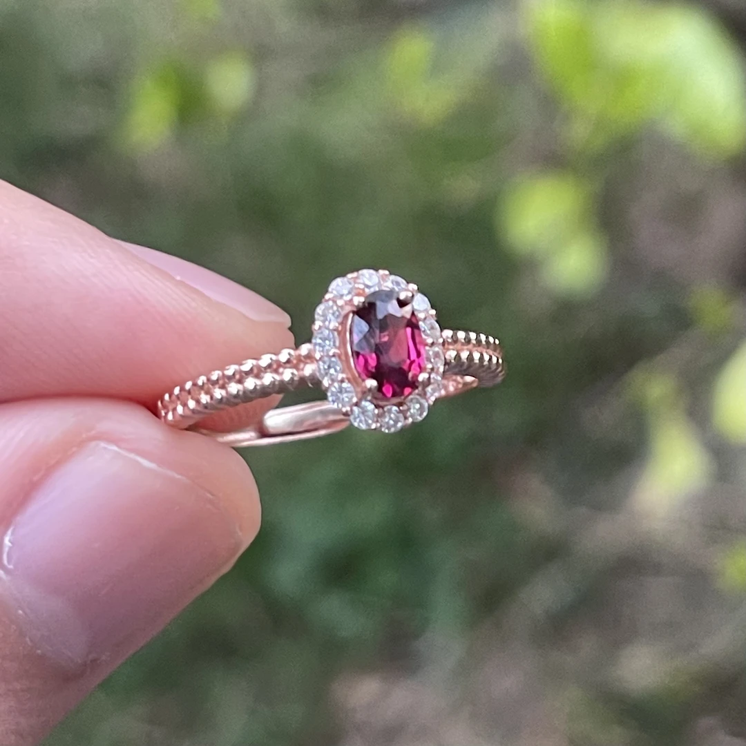 天然石榴石银镶镀金戒指