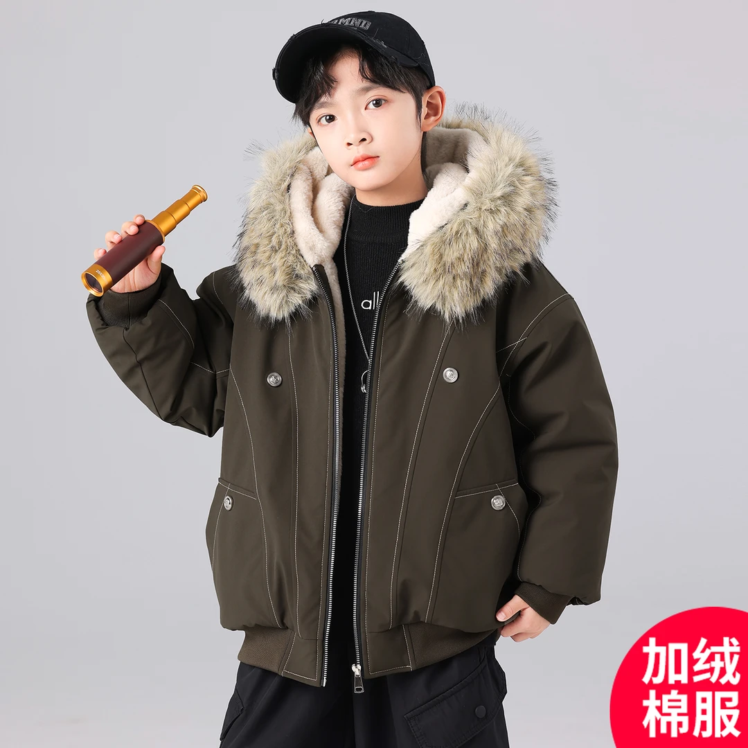 男童冬装加绒外套2025新款中大童秋冬季加厚棉衣儿童男孩棉服帅气