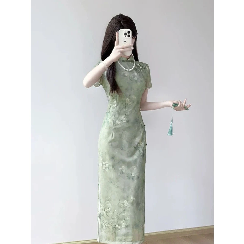 绿色旗袍中国风长款2026新款气质修身显瘦高考送考国风优雅连衣裙